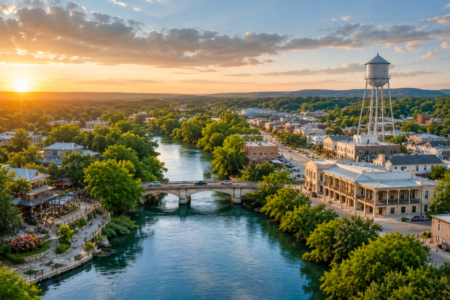 Aerial view of New Braunfels Hill Country residential corridor at soft afternoon light.